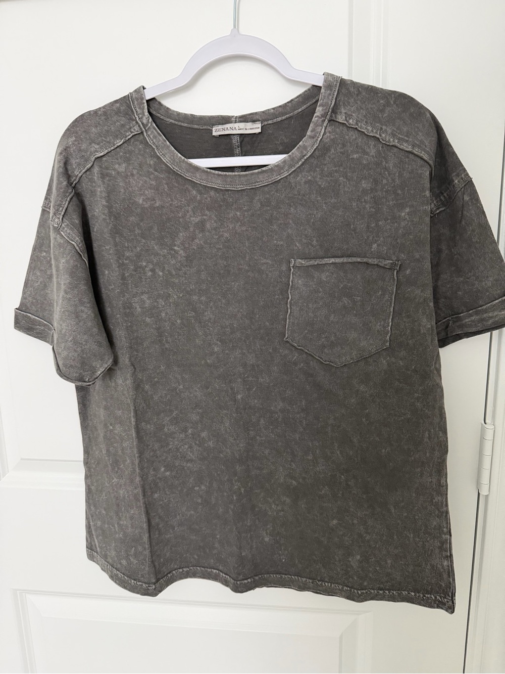 Zenana Outfitters Washed Gray Short Sleeve Pocket Tee - Casual Shirt